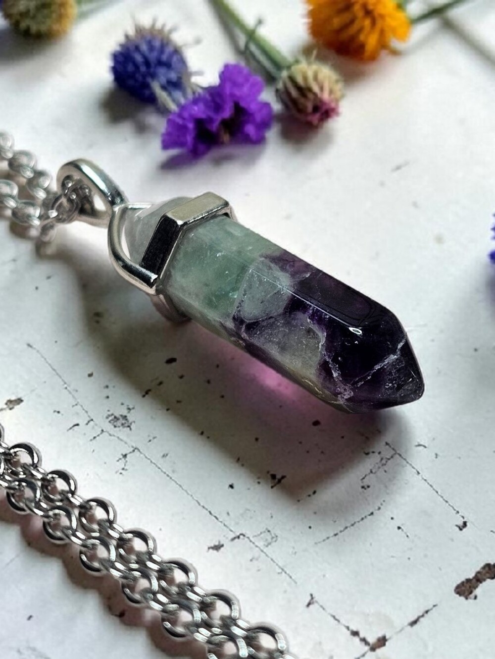 Fluorite Point Pendant Necklace in Green & Purple